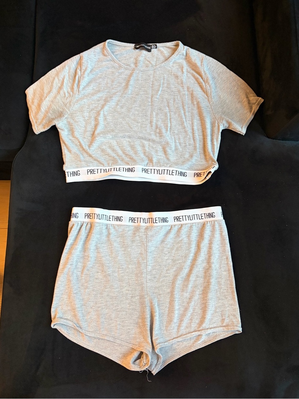 PrettyLittleThing Light Gray Branded Crop Top & Shorts Set